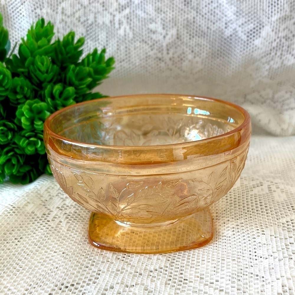 Vintage Carnival Glass Orange Lusterware Dish Footed. Floral Design